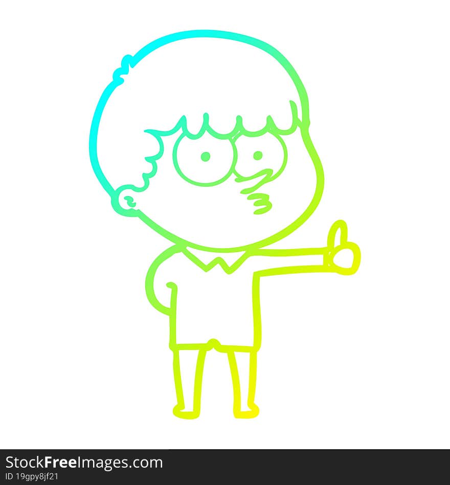 cold gradient line drawing of a cartoon curious boy giving thumbs up sign