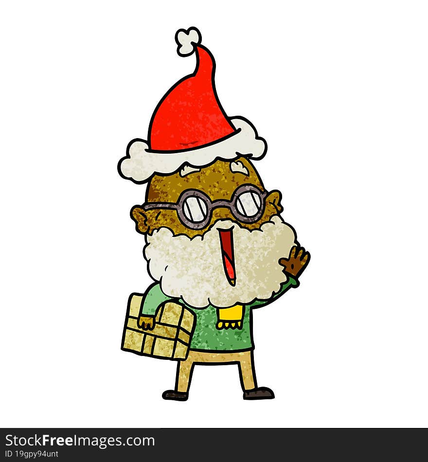 hand drawn textured cartoon of a joyful man with beard and parcel under arm wearing santa hat