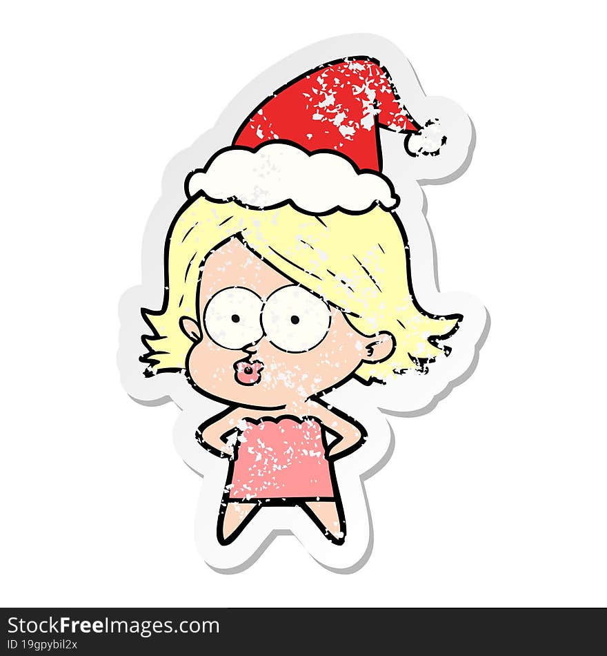 distressed sticker cartoon of a girl pouting wearing santa hat