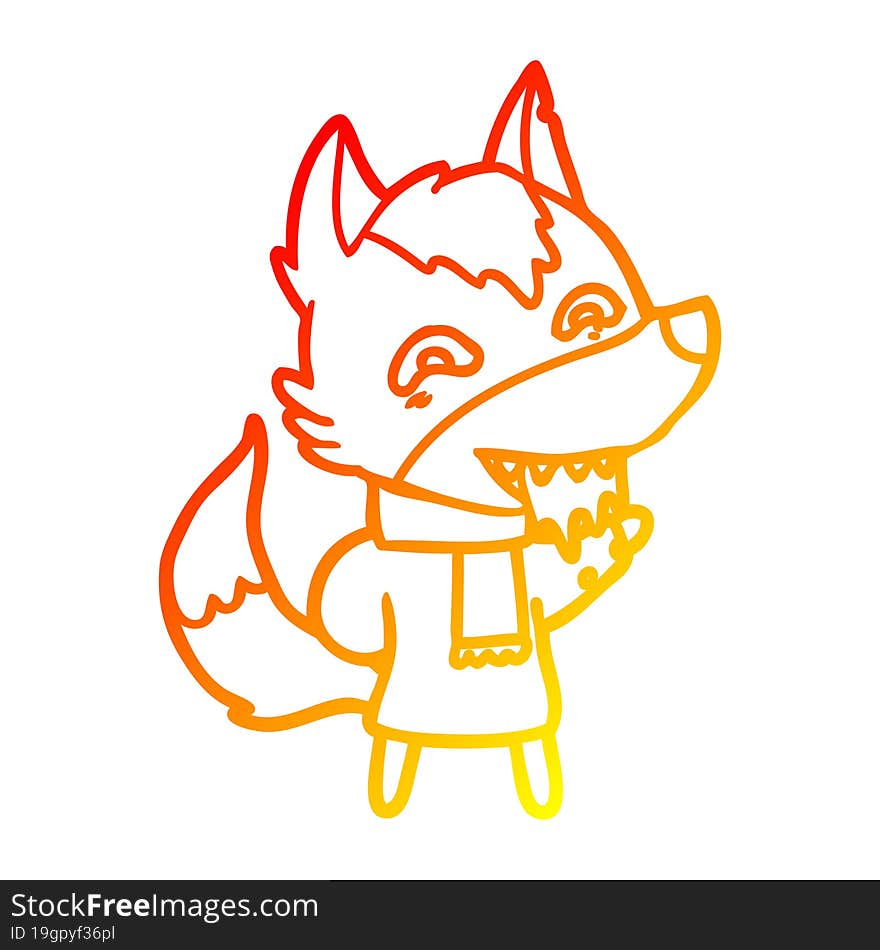 warm gradient line drawing cartoon hungry wolf in winter clothes