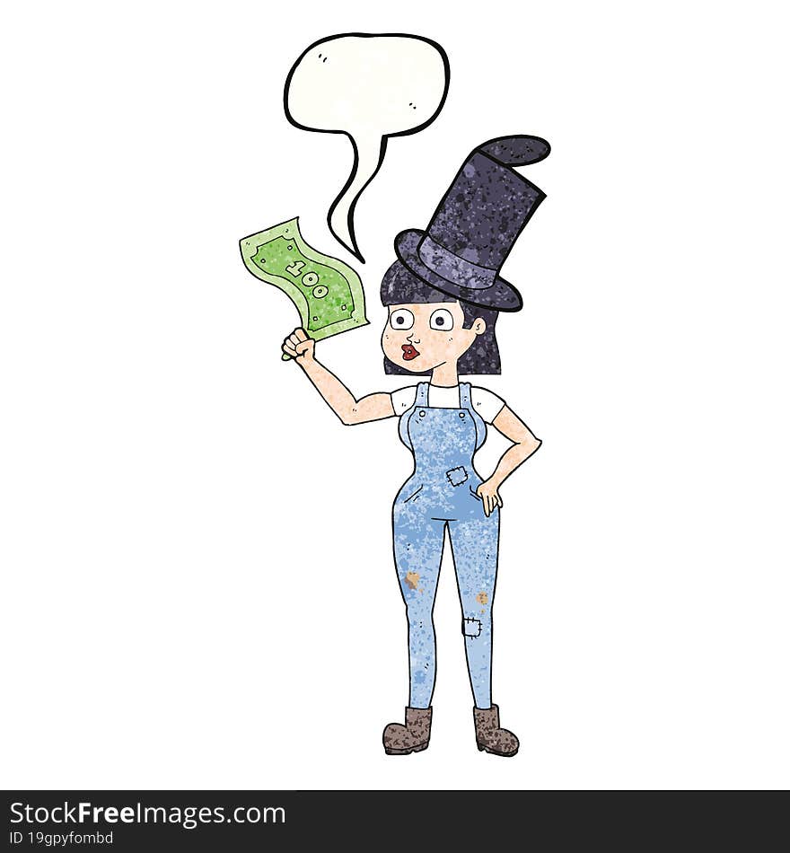 freehand speech bubble textured cartoon woman holding on to money