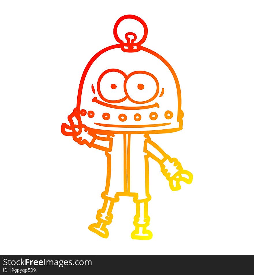 warm gradient line drawing happy carton robot with light bulb