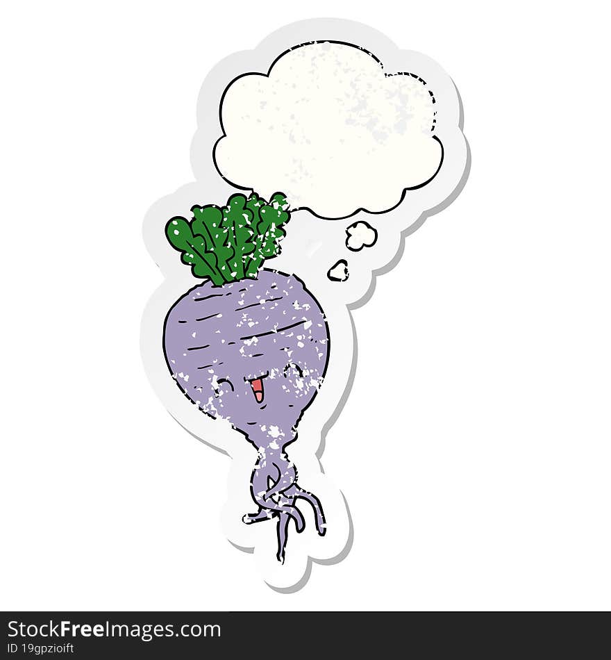 cartoon turnip and thought bubble as a distressed worn sticker