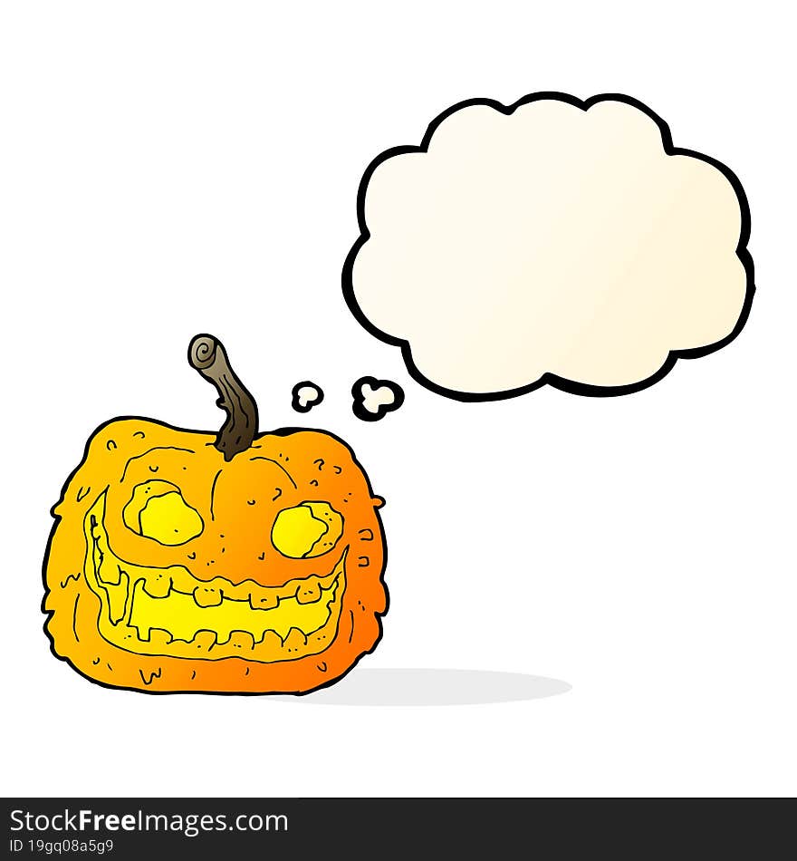 cartoon spooky pumpkin with thought bubble