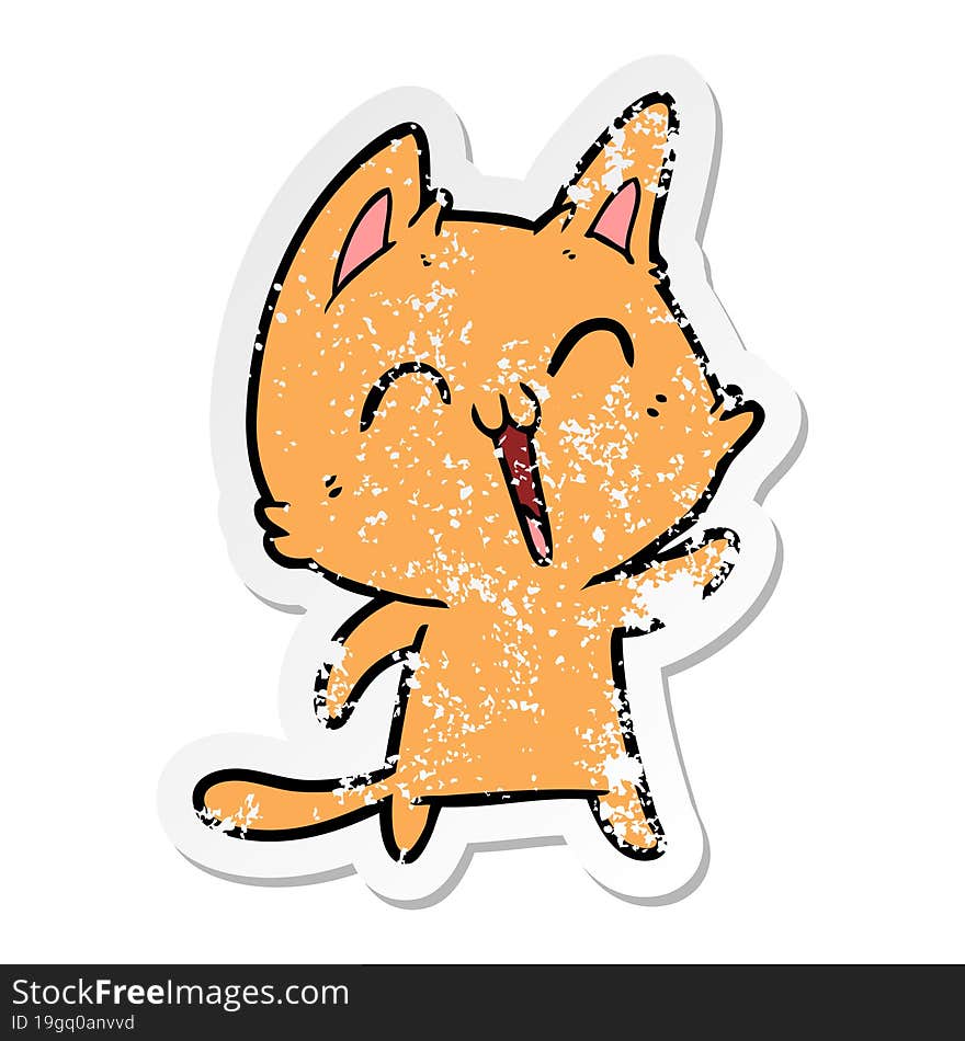 distressed sticker of a happy cartoon cat meowing