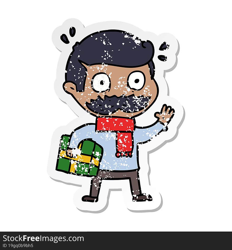 distressed sticker of a cartoon man with mustache and christmas present