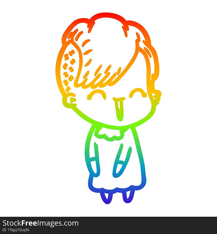 rainbow gradient line drawing of a happy cartoon hipster girl