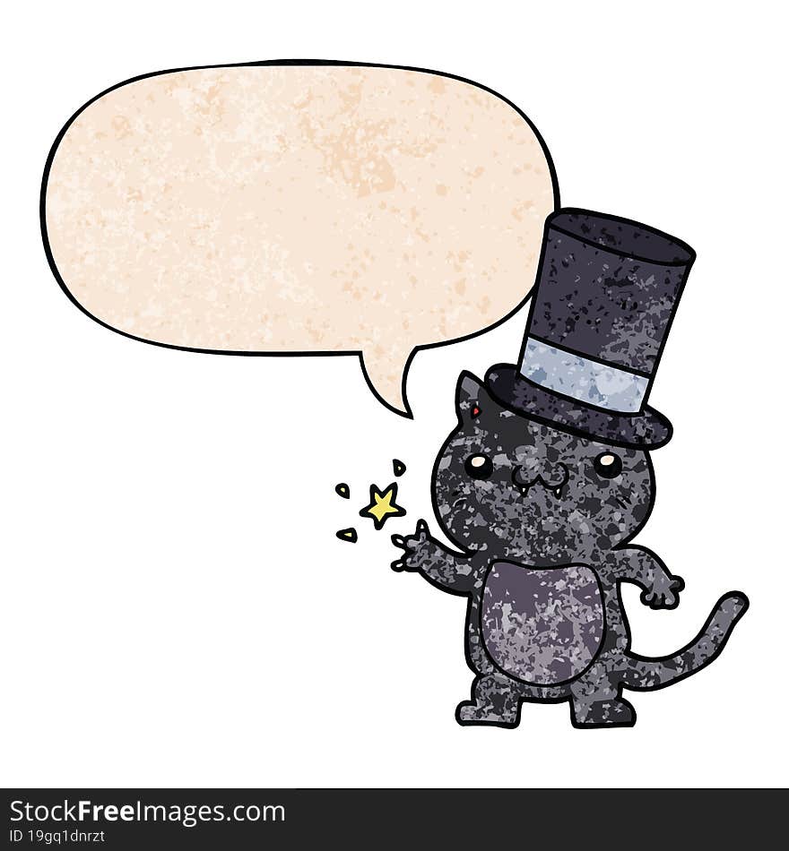 cartoon cat wearing top hat and speech bubble in retro texture style