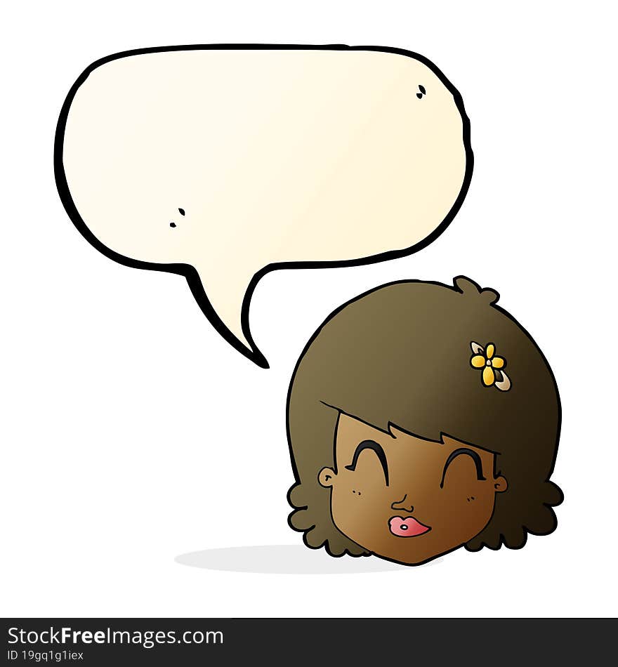 cartoon happy female face with speech bubble