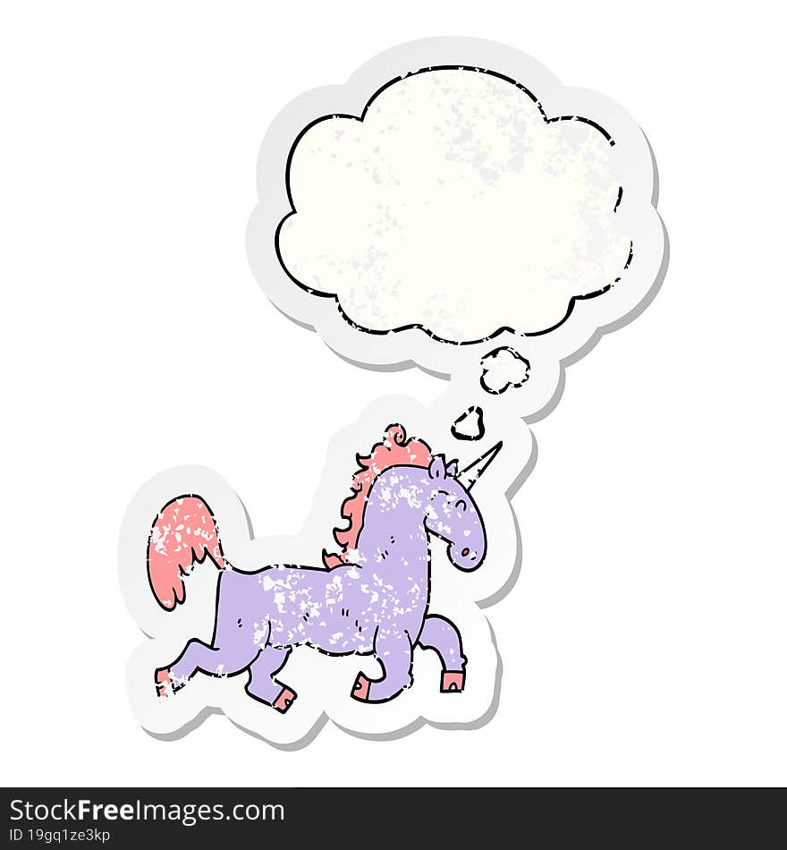 Cartoon Unicorn And Thought Bubble As A Distressed Worn Sticker