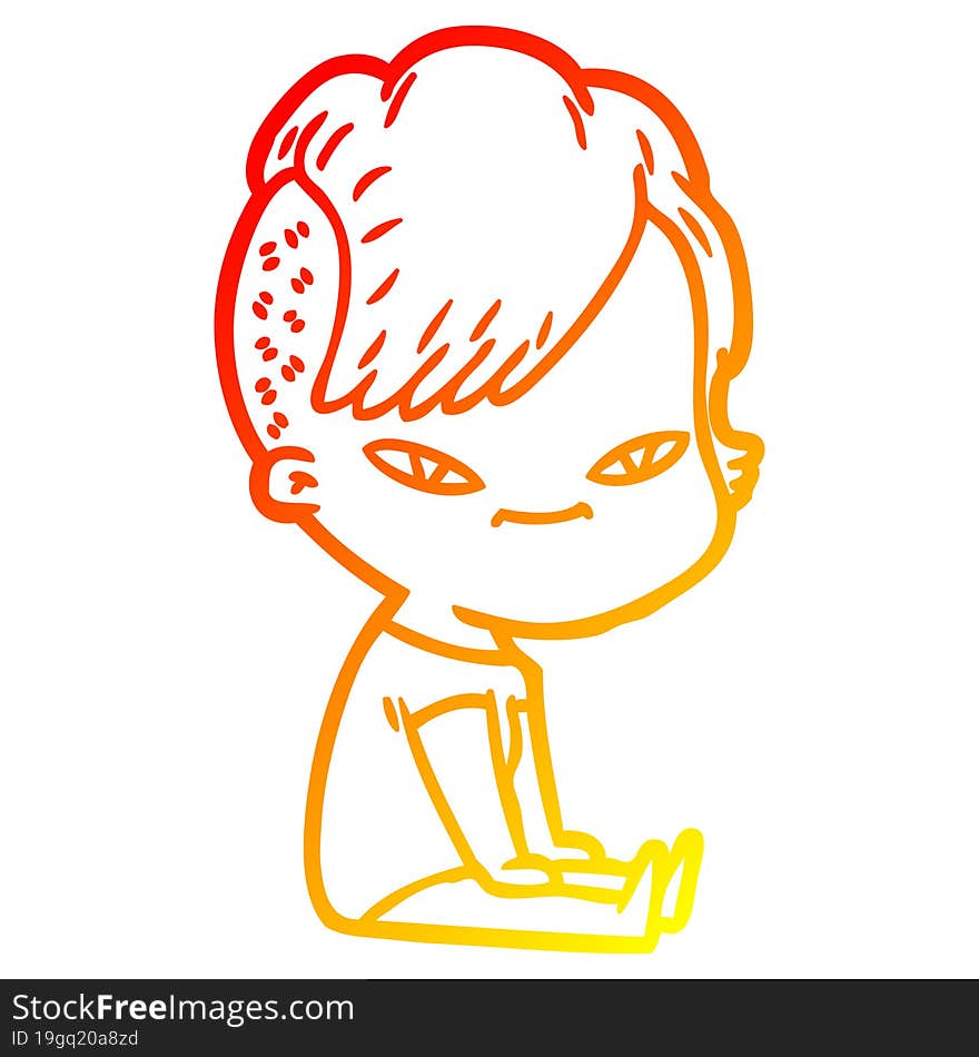 warm gradient line drawing of a cute cartoon girl with hipster haircut