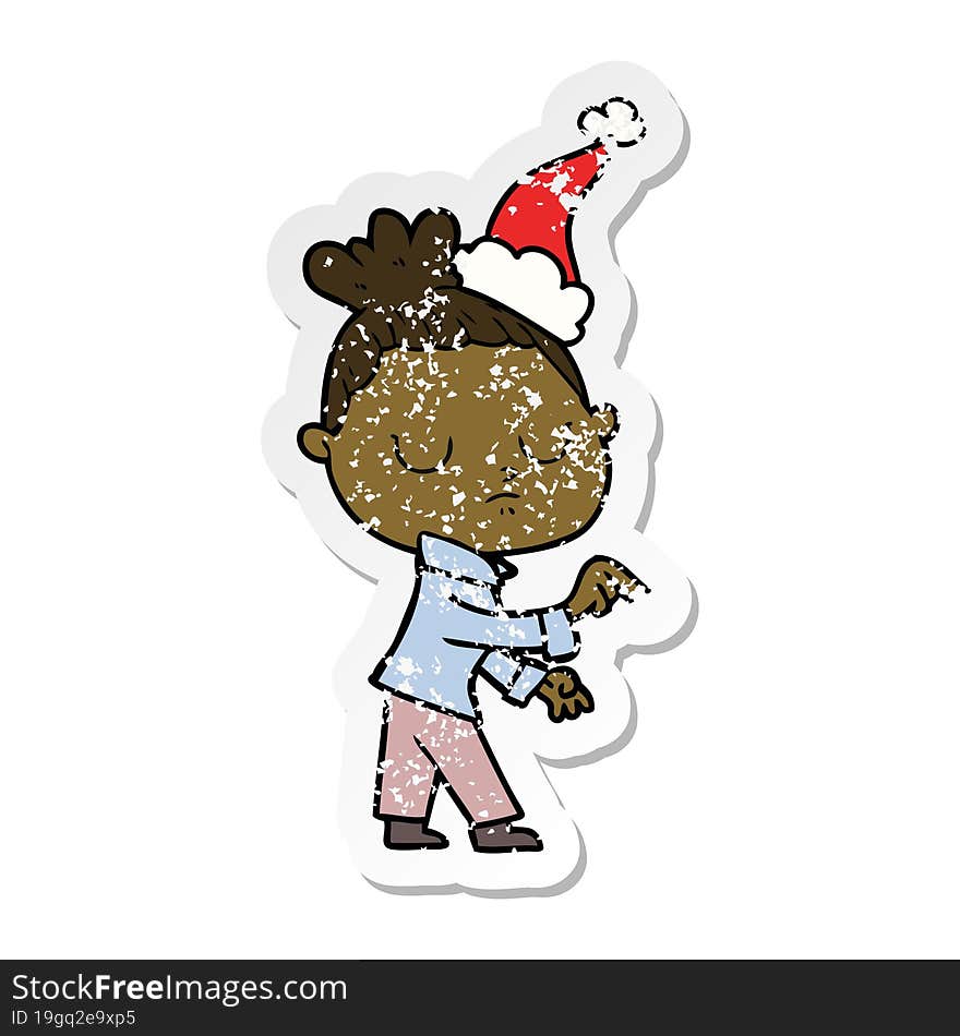 distressed sticker cartoon of a calm woman wearing santa hat