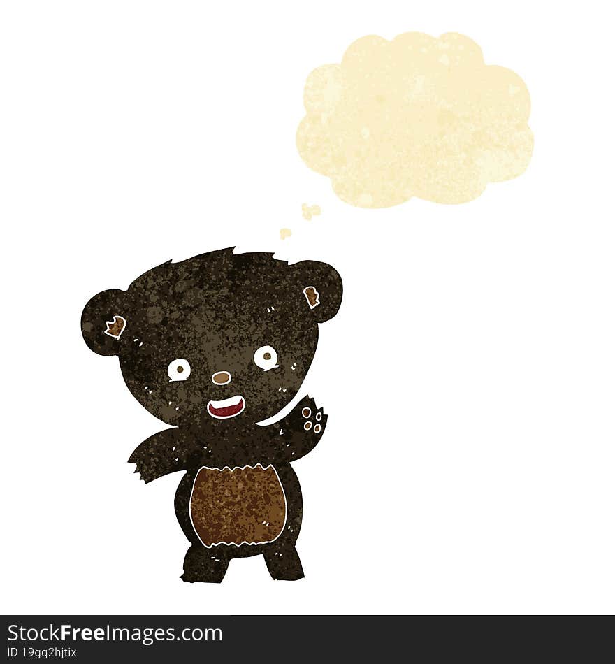 cartoon waving black bear with thought bubble