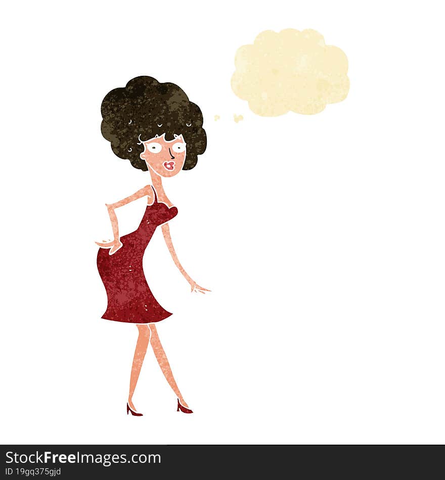 cartoon woman posing in dress with thought bubble