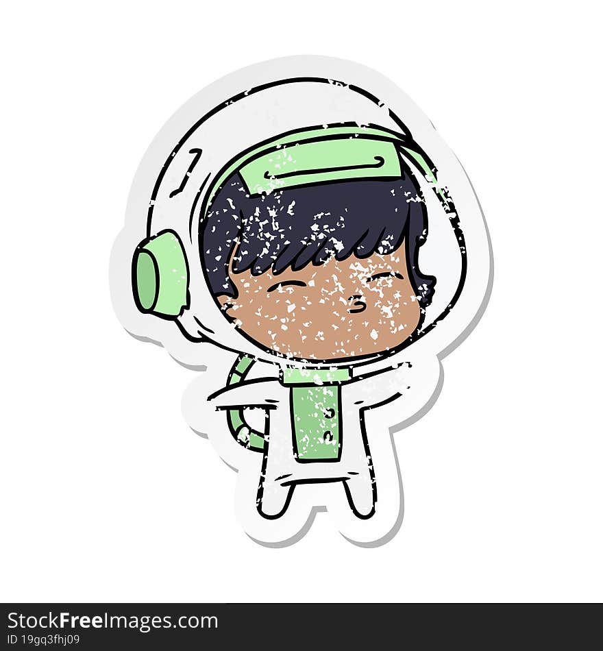 distressed sticker of a cartoon curious astronaut