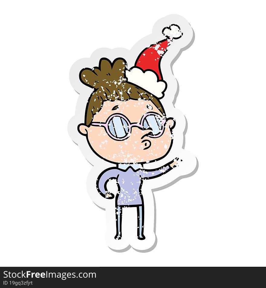 distressed sticker cartoon of a woman wearing glasses wearing santa hat