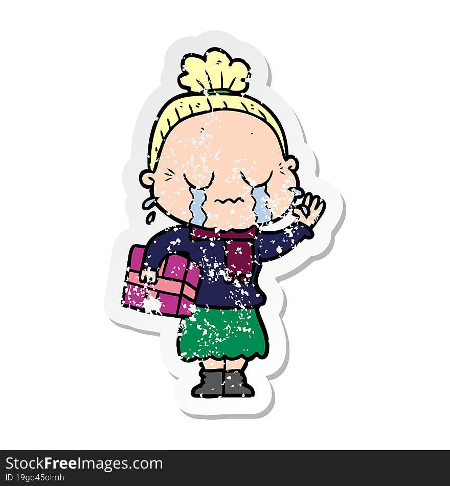 distressed sticker of a cartoon crying old lady