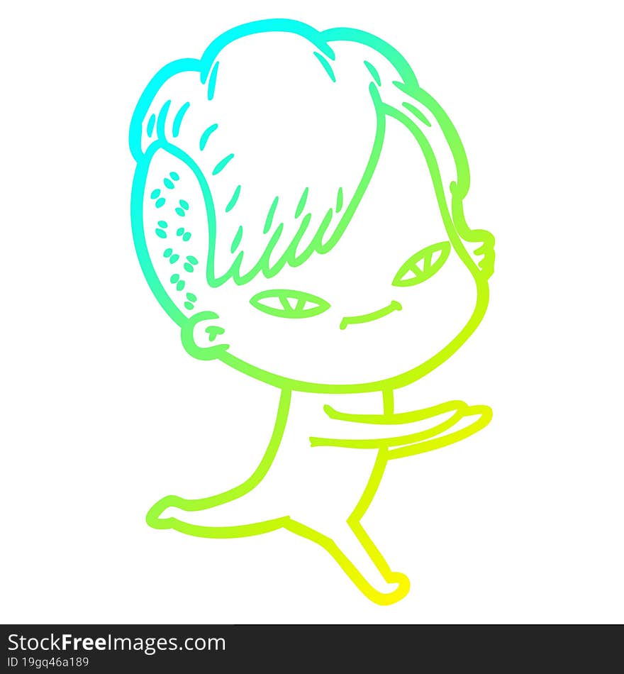 cold gradient line drawing of a cute cartoon girl with hipster haircut