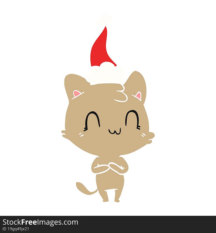 flat color illustration of a happy cat wearing santa hat