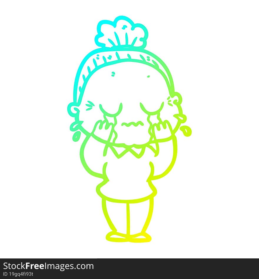 cold gradient line drawing cartoon crying old lady