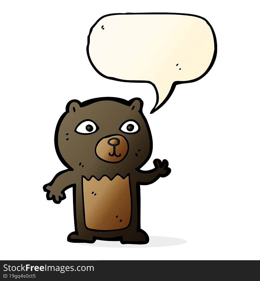 cartoon waving black bear cub with speech bubble