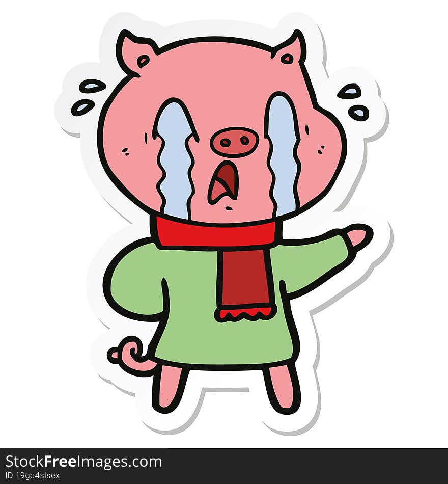 sticker of a crying pig cartoon wearing human clothes