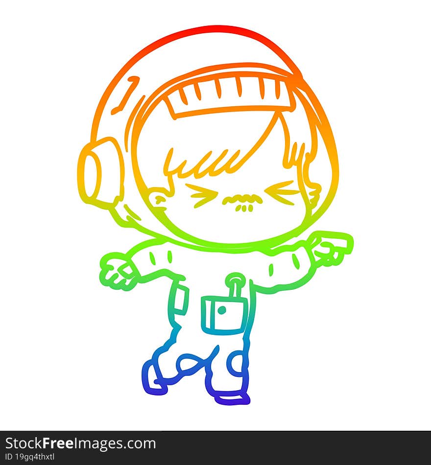 rainbow gradient line drawing of a cartoon astronaut woman