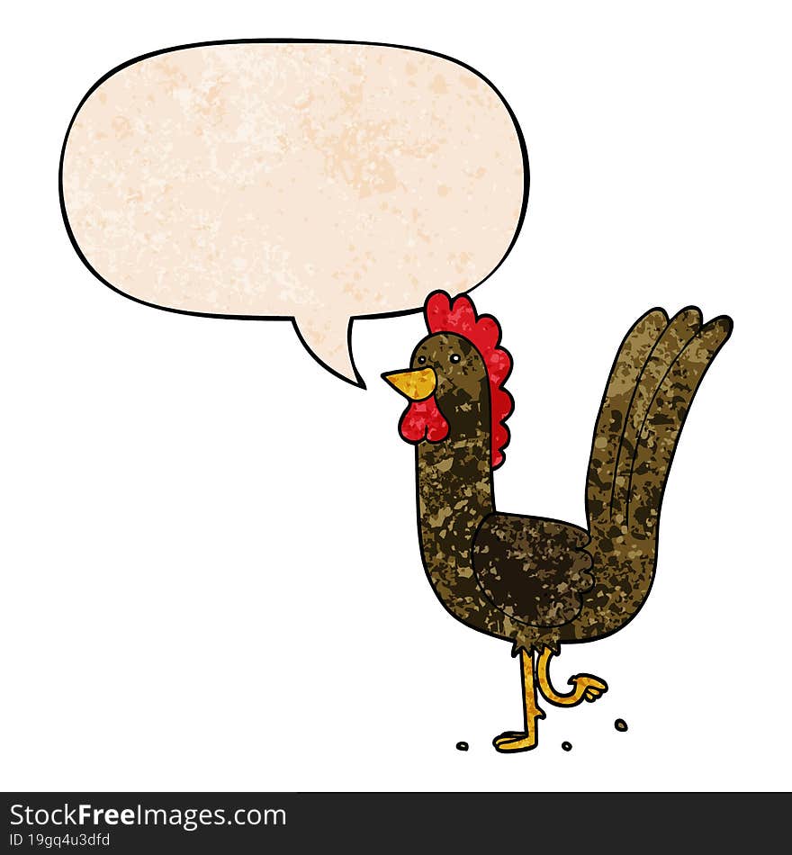 cartoon rooster and speech bubble in retro texture style