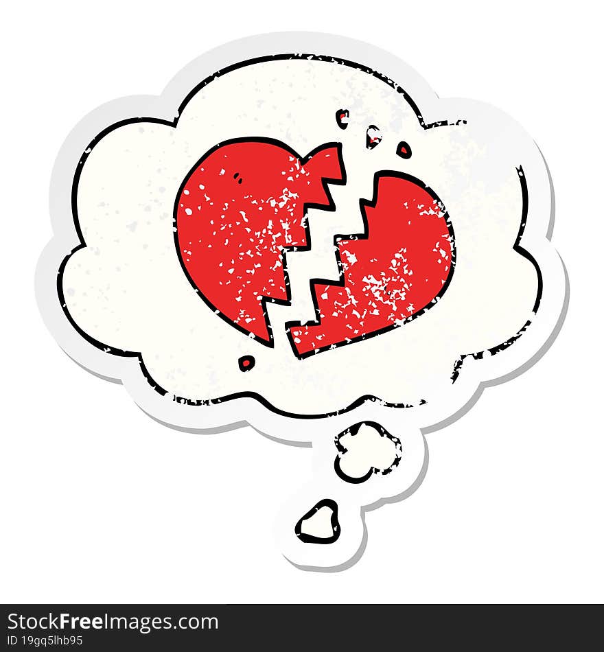 cartoon broken heart and thought bubble as a distressed worn sticker