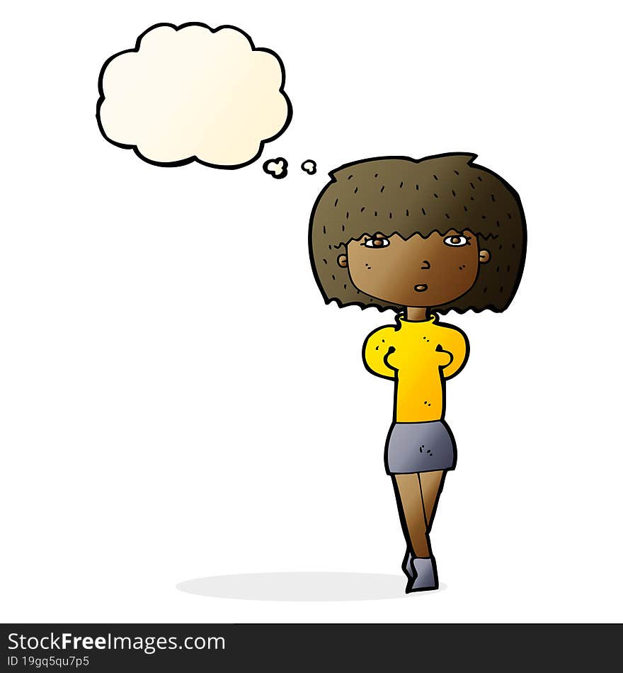 cartoon shy woman with thought bubble