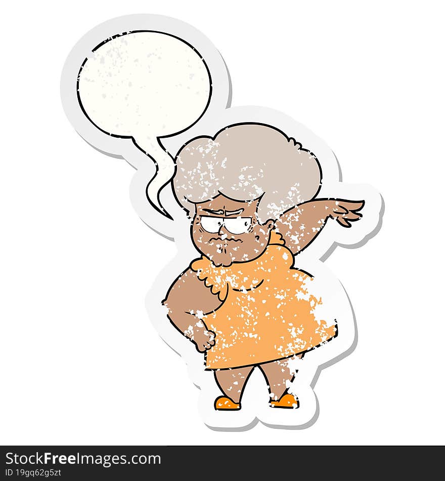 cartoon angry old woman and speech bubble distressed sticker