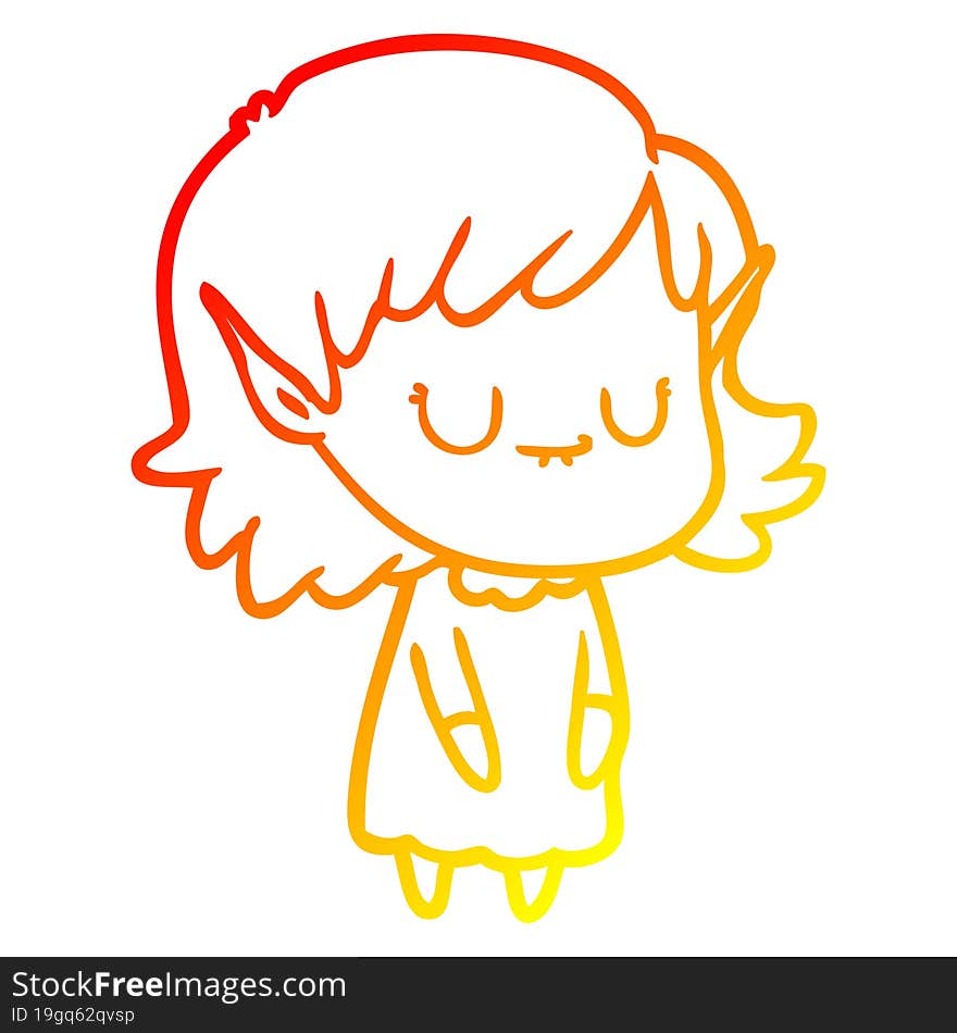 warm gradient line drawing of a happy cartoon elf girl wearing dress