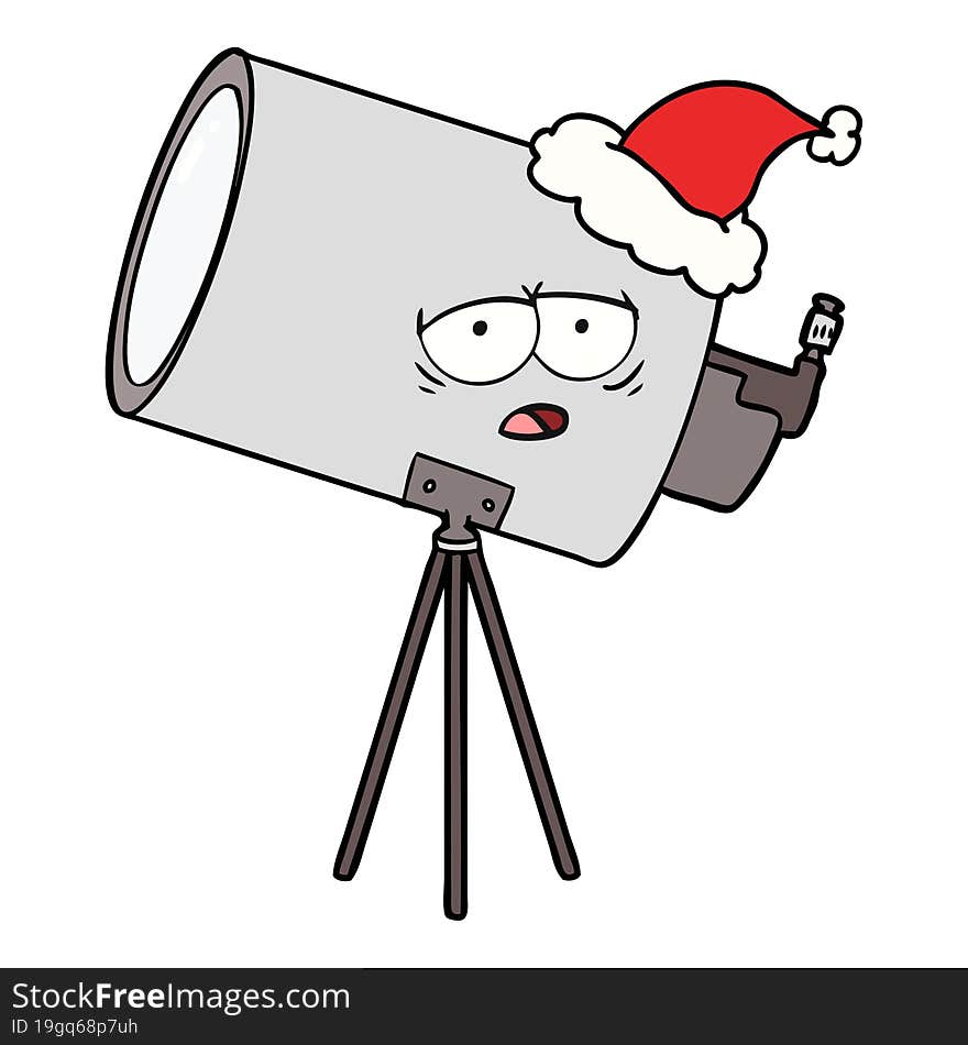 line drawing of a bored telescope with face wearing santa hat