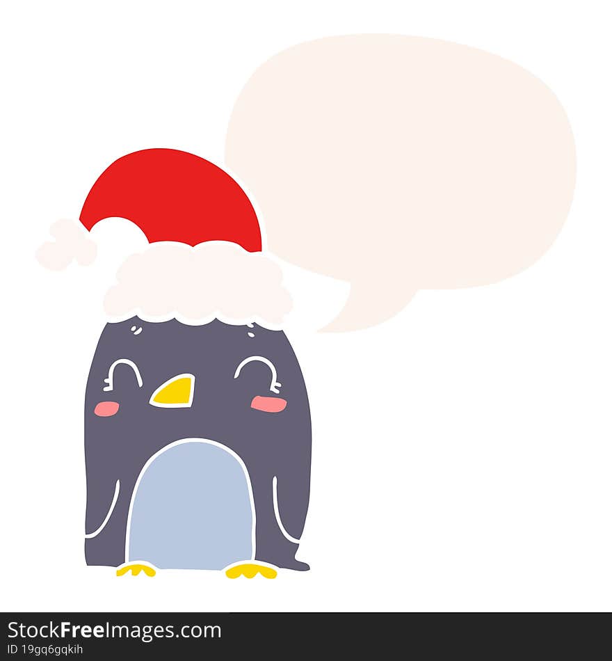 cute christmas penguin and speech bubble in retro style