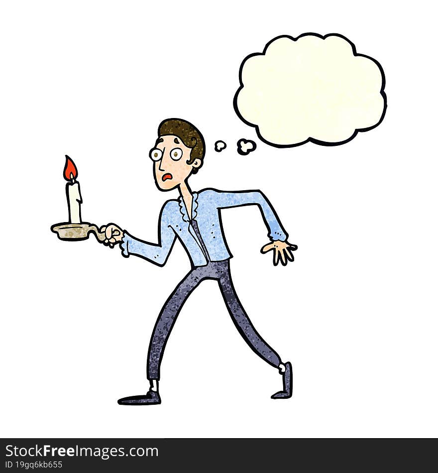 cartoon frightened man walking with candlestick with thought bubble