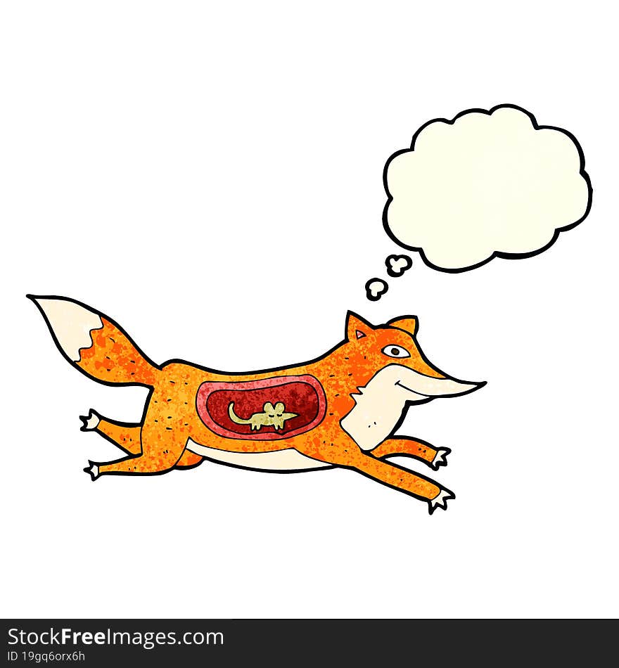 cartoon fox with mouse in belly with thought bubble