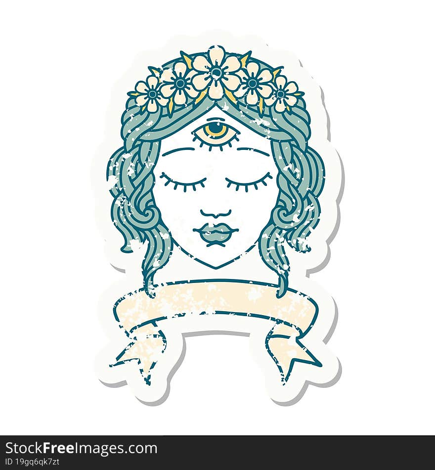 grunge sticker with banner of female face