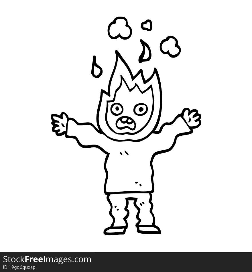 line drawing cartoon man with head on fire