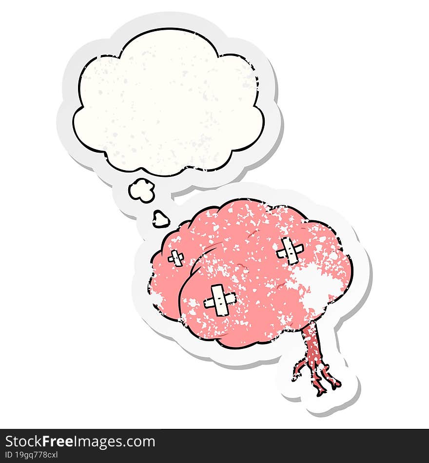 cartoon injured brain and thought bubble as a distressed worn sticker