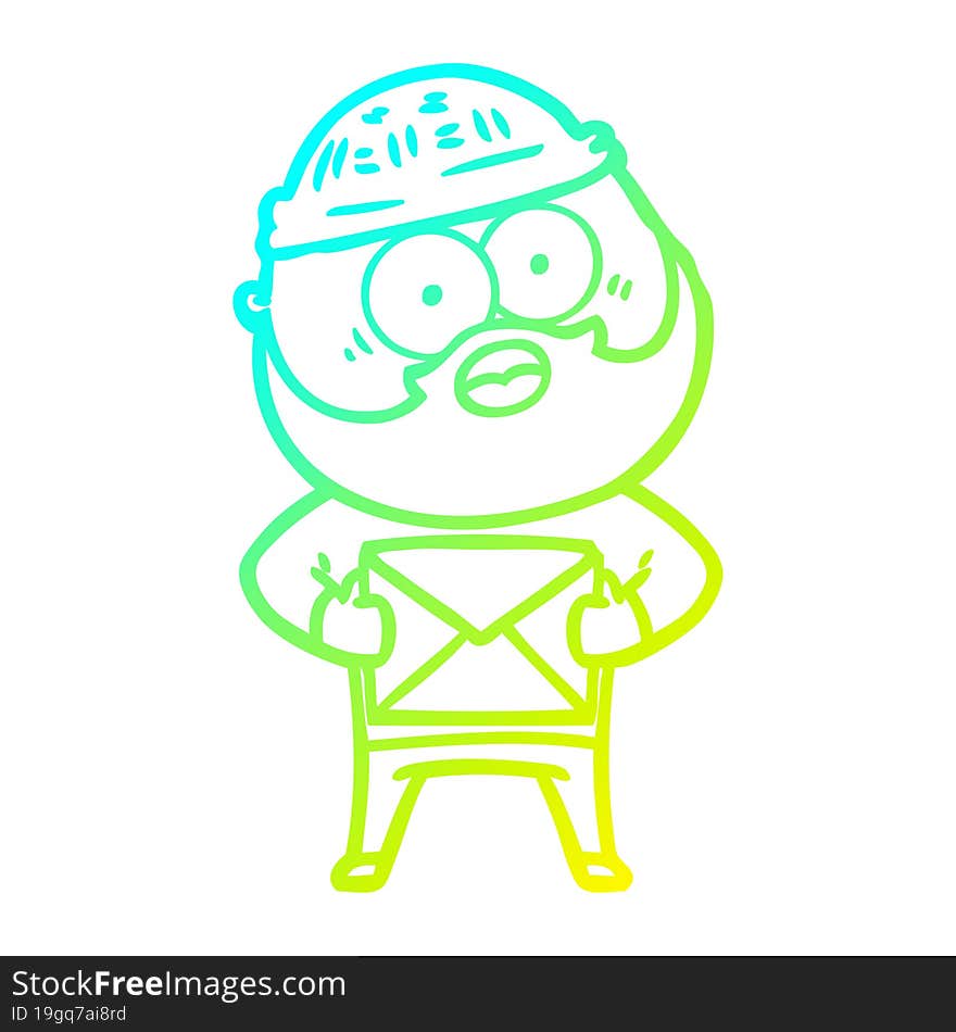 cold gradient line drawing of a cartoon surprised bearded man holding letter