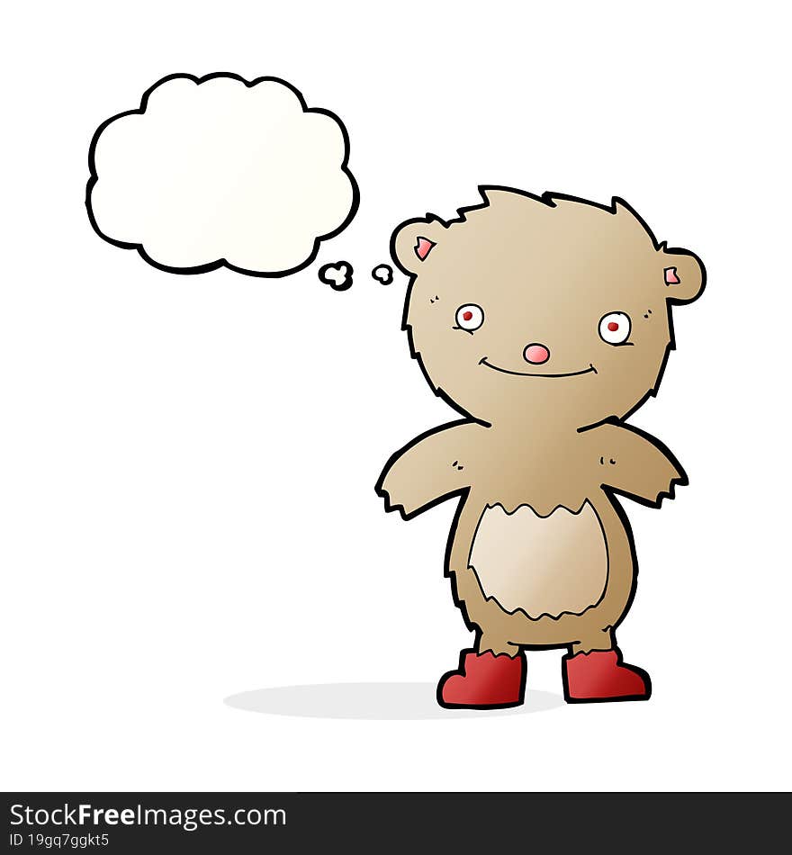 cartoon teddy bear wearing boots with thought bubble