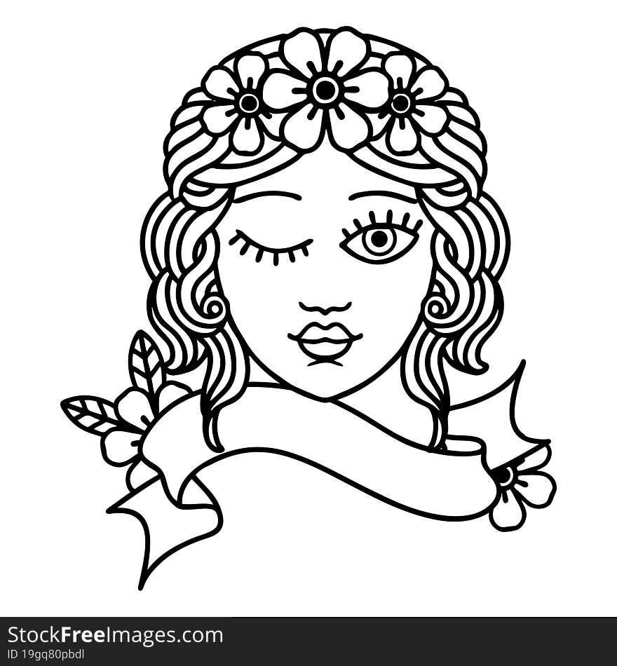 black linework tattoo with banner of a maidens face winking