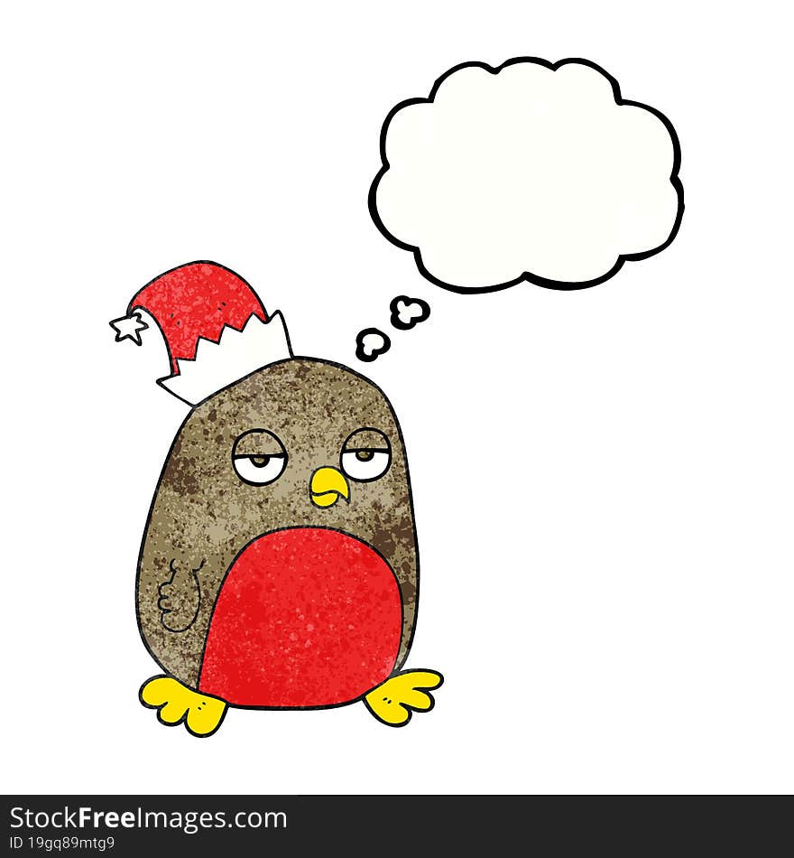 freehand drawn thought bubble textured cartoon christmas robin wearing christmas hat. freehand drawn thought bubble textured cartoon christmas robin wearing christmas hat