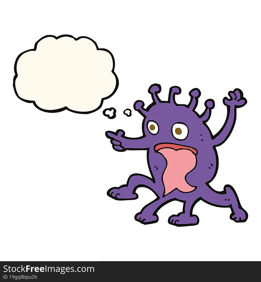 cartoon weird little alien with thought bubble