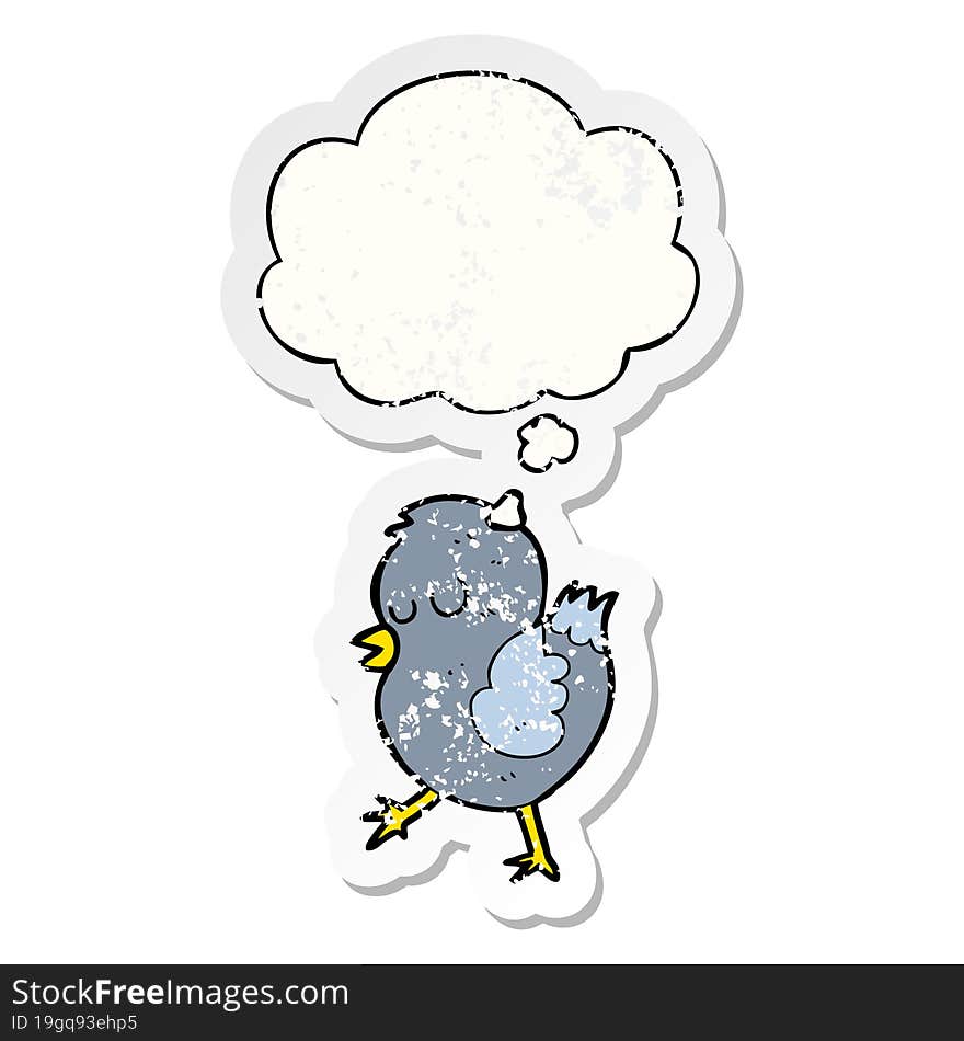 cartoon bird and thought bubble as a distressed worn sticker