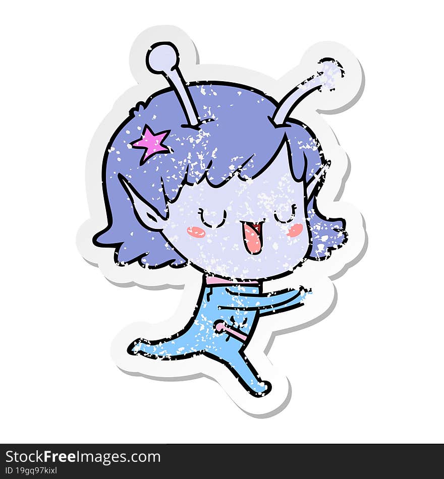 Distressed Sticker Of A Happy Alien Girl Cartoon