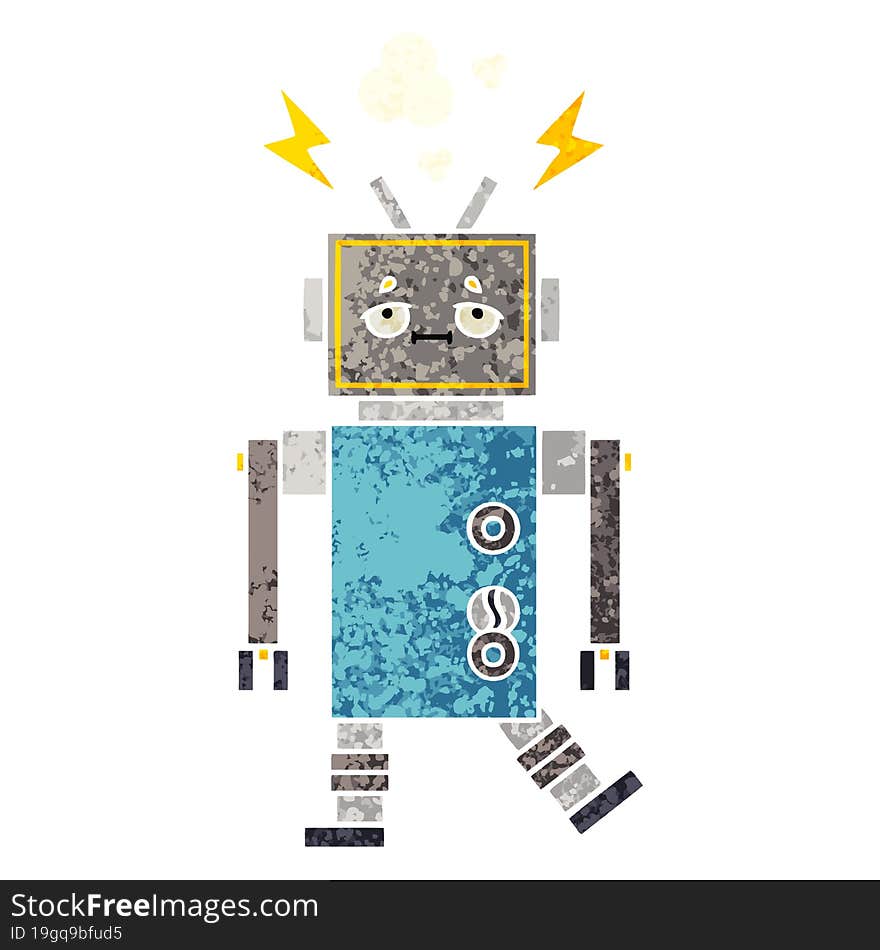 retro illustration style cartoon of a malfunctioning robot