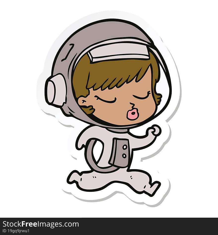 sticker of a cartoon pretty astronaut girl running