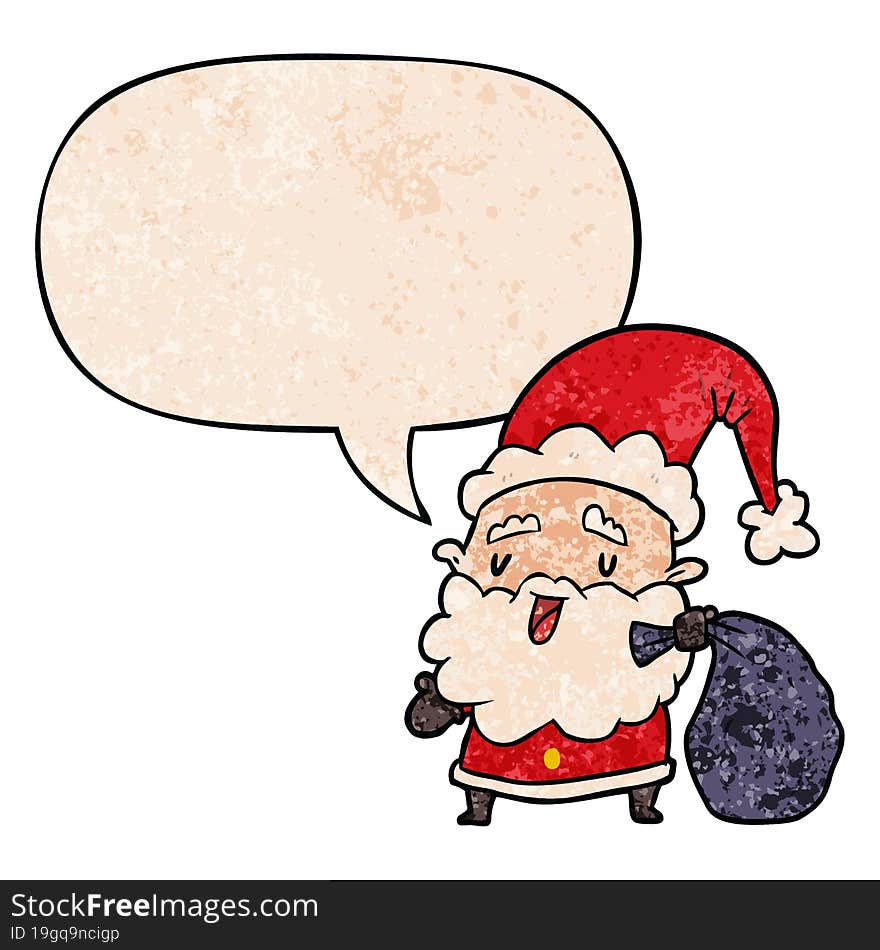 cartoon santa claus carrying sack of presents and speech bubble in retro texture style