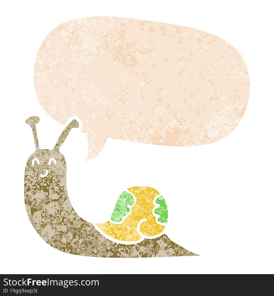 cute cartoon snail and speech bubble in retro textured style